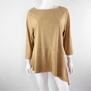 Chico’s Sz 3/ L Faux Suede 3/4 Sleeve Camel Tan Beige Asymmetric Hem Tunic Top